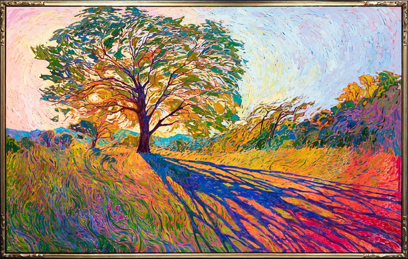 Crystalline light filters through the oak tree in this impressively large oil painting of Texas hill country. The brush strokes are thick and impressionistic, conveying a sense of movement throughout the painting. The colors vibrate with intensity, capturing the beauty of the wide outdoors.</p><p>"Crystal Hues" was created on 1-1/2" canvas, with the painting continued around the edges. The piece arrives framed in a hand-carved, gold open impressionism frame.