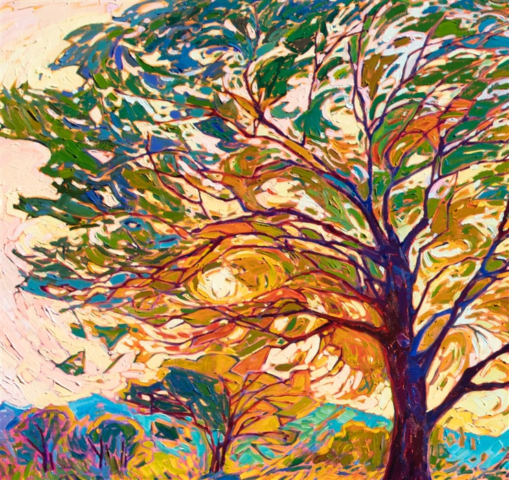 Crystalline light filters through the oak tree in this impressively large oil painting of Texas hill country. The brush strokes are thick and impressionistic, conveying a sense of movement throughout the painting. The colors vibrate with intensity, capturing the beauty of the wide outdoors.</p><p>"Crystal Hues" was created on 1-1/2" canvas, with the painting continued around the edges. The piece arrives framed in a hand-carved, gold open impressionism frame.