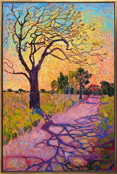 An impressionist vision of a country landscape, this painting re-captures nature with scintillating color and impasto brush strokes. The dramatic shadows invite you into the painting, to spend some time with your imagination.</p><p>"Crystal Impressions" was created on 1-1/2" canvas, with the painting continued around the edges. The painting arrives framed in a contemporary gold floater frame, ready to hang.