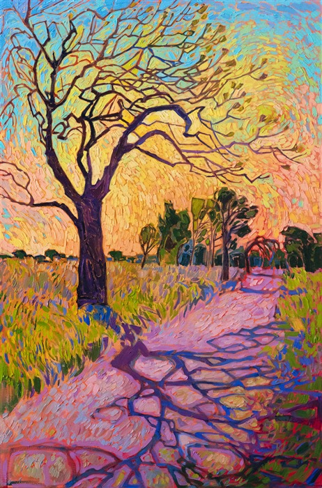 An impressionist vision of a country landscape, this painting re-captures nature with scintillating color and impasto brush strokes. The dramatic shadows invite you into the painting, to spend some time with your imagination.</p><p>"Crystal Impressions" was created on 1-1/2" canvas, with the painting continued around the edges. The painting arrives framed in a contemporary gold floater frame, ready to hang.