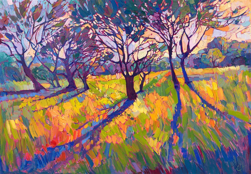 Crystalline, textured light is created in thick, impasto brush strokes. The colors seem to lift off the canvas, transporting you to a different world. This painting of Paso Robles, California, captures the essence and emotion of that landscape.

"Crystal Light II" is an original oil painting done on 1-1/2" stretched canvas.  The piece arrives framed in a gold floater frame, ready to hang.