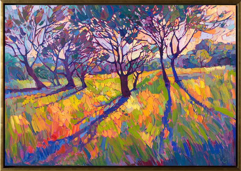 Crystalline, textured light is created in thick, impasto brush strokes. The colors seem to lift off the canvas, transporting you to a different world. This painting of Paso Robles, California, captures the essence and emotion of that landscape.</p><p>"Crystal Light II" is an original oil painting done on 1-1/2" stretched canvas.  The piece arrives framed in a gold floater frame, ready to hang.