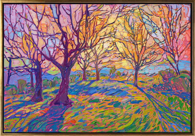 Crystal light filters through these northwestern maple trees. This painting of my estate in Oregon captures the beautiful scenery of late autumn, alive with colorful light.