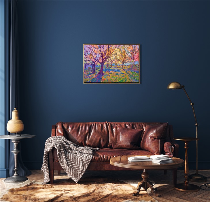 Crystal light filters through these northwestern maple trees. This painting of my estate in Oregon captures the beautiful scenery of late autumn, alive with colorful light.