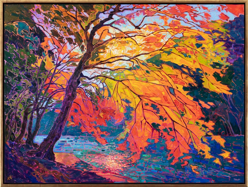 Crystalline light filters through the boughs of a fiery maple tree in Kyoto, Japan. The slowly moving waters of the Arashiayama river reflect the light from above. The brush strokes fit together like a mosaic of stained glass, breathing color and motion into the scene.</p><p>"Crystal Maple" was created on 1-1/2" canvas, with the painting continued around the edges. The piece arrives framed in a contemporary gold floater frame, ready to hang.