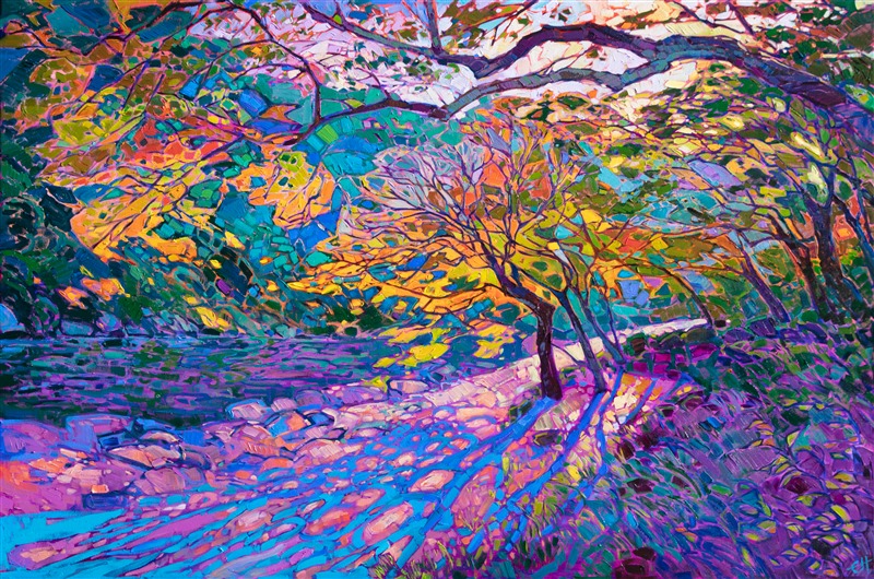 Dramatic light plays through the branches of a grove of Japanese maple trees. Abstracted shapes of light and shadow create a dynamic pattern across the canvas. Each impasto brush stroke captures the beauty of the moment.</p><p>"Crystal Maples" was created on 1-1/2" canvas, with the painting continued around the edges. The piece arrives framed in a custom-made gold floater frame.