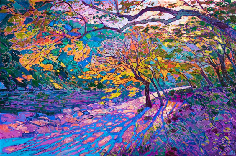 Dramatic light plays through the branches of a grove of Japanese maple trees. Abstracted shapes of light and shadow create a dynamic pattern across the canvas. Each impasto brush stroke captures the beauty of the moment.

"Crystal Maples" was created on 1-1/2" canvas, with the painting continued around the edges. The piece arrives framed in a custom-made gold floater frame.