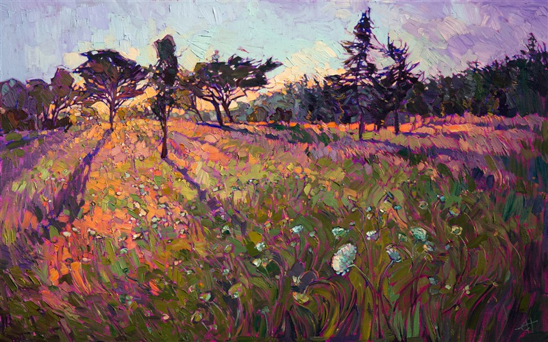 Crystalline light plays through the distant pines and trees at the horizon, their warm glow playing among the wildflowers and the dusky grasses.  The rich, thickly applied brush strokes of oil create an impressionistic, painterly effect that excites the imagination.</p><p>This painting was created on a gallery-depth canvas with the painting continued around the edges. It arrives framed and ready to hang.</p><p>Exhibited: "Impressions in Oil", Studios on the Park. Paso Robles, CA. 2015