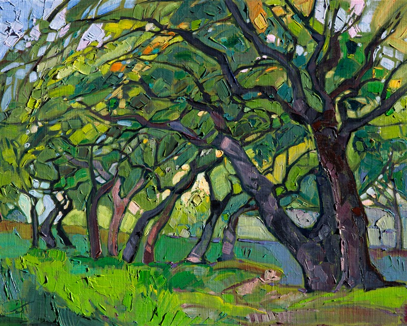 Deep greens and emerald shades come alive in this abstracted landscape of California oaks.  The stained glass effect of the thick brush strokes creates a mosaic of color and texture on the canvas.</p><p>Collection of <a href="http://www.ayreshotels.com/allegretto-resort-and-vineyard-paso-robles">The Allegretto Vineyard Resort</a>, Paso Robles, CA. 2015.