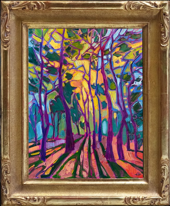 The warm sunlight of late afternoon illuminates a grove of pine trees. Their crisscrossing branches create abstract shapes of color, golden light playing against lime green pine needles. The brush strokes are thickly applied, capturing the transient light of the scene.</p><p>"Crystal Pines" was created on 1/8" linen board, and the painting arrives framed in a gold plein air frame.