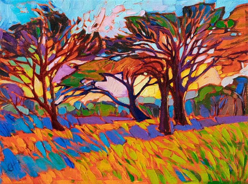 A few deft brush strokes captutre the light between the trees in this petite oil painting of Texas hill country. The thickly applied color creates a stained glass effect upon the canvas.</p><p>"Crystal Rainbow" was created on fine linen board. The piece arrives framed in a hand-carved and gilded plein air frame.