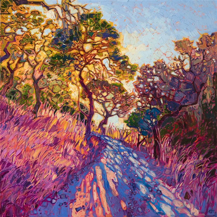Long shadows radiate from oak trees that frame the steep hiking trail. Dappled light glows with color amongst the crisscrossing branches. The brush strokes are thickly applied and create texture and movement within the painting.

"Crystal Ranch" was inspired by Holman Ranch, in Carmel Valley, CA. The painting arrives framed in a 23kt gold floater frame.