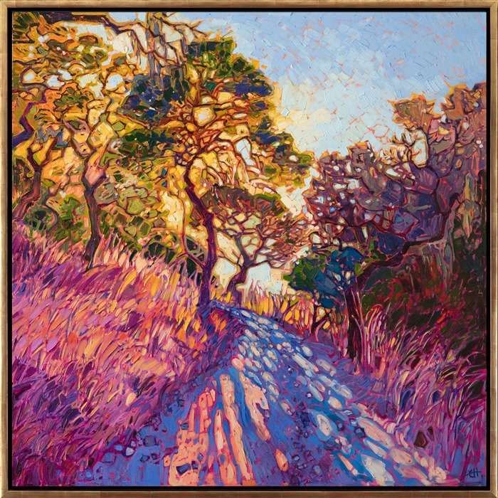 Long shadows radiate from oak trees that frame the steep hiking trail. Dappled light glows with color amongst the crisscrossing branches. The brush strokes are thickly applied and create texture and movement within the painting.</p><p>"Crystal Ranch" was inspired by Holman Ranch, in Carmel Valley, CA. The painting arrives framed in a 23kt gold floater frame.