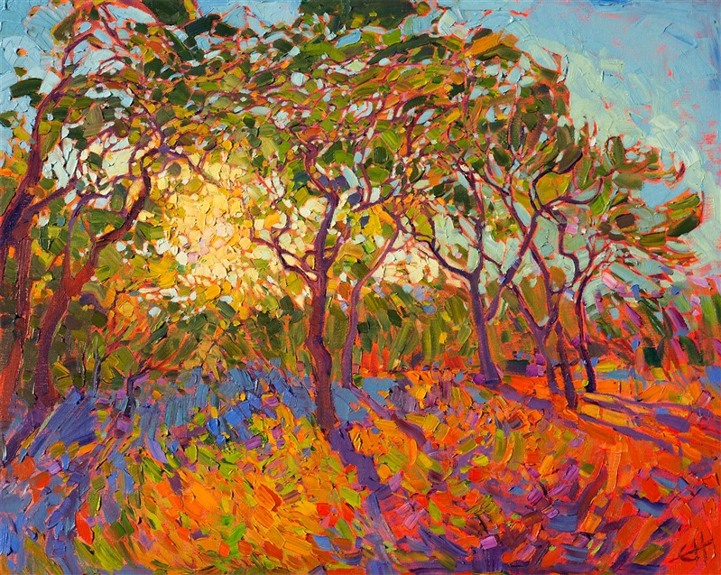 Erin's newest Crystal Light painting is alive with dramatic color and shadowing effects.  The trees capture and refract the crystalline light into mosaic shapes of variegated color.  Each brush stroke is applied with minimal layering, creating a spontaneous, exuberant look to the painting.</p><p>This painting was created on gallery-depth canvas, with the painting continued around the edges. This painting does not require framing and arrives ready to hang.