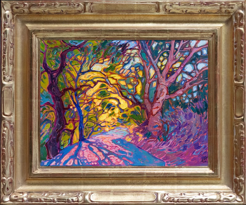 This petite painting captures the golden light of afternoon filtering through a grove of California oak trees. The impressionistic brush strokes create a sense of movement within the painting, while the colors resonate with the hues of the Expressionists. </p><p>"Crystal Shades" was created on 1/8" fine linen board, and the piece arrives framed in a gold plein air frame, ready to hang.