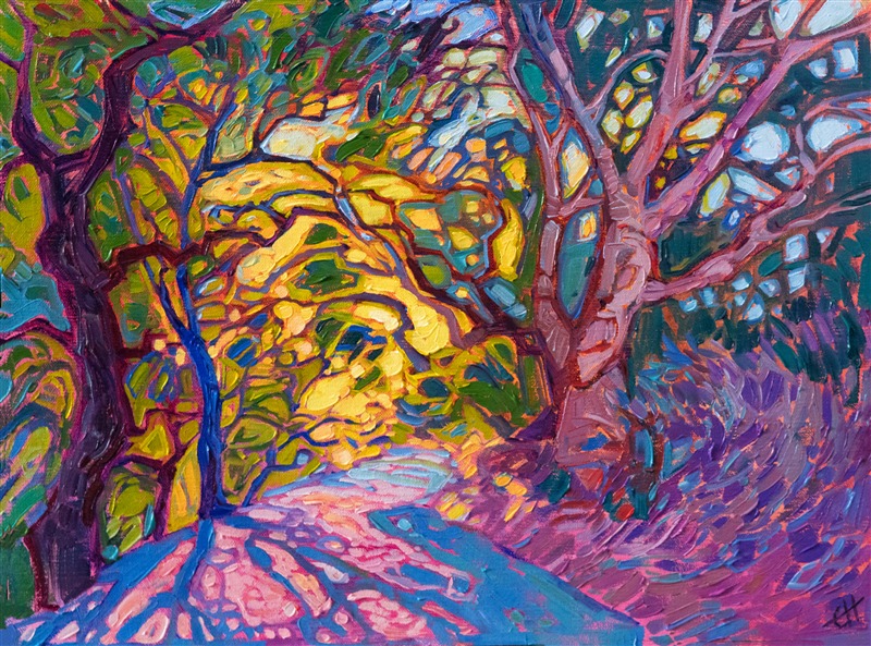This petite painting captures the golden light of afternoon filtering through a grove of California oak trees. The impressionistic brush strokes create a sense of movement within the painting, while the colors resonate with the hues of the Expressionists. </p><p>"Crystal Shades" was created on 1/8" fine linen board, and the piece arrives framed in a gold plein air frame, ready to hang.