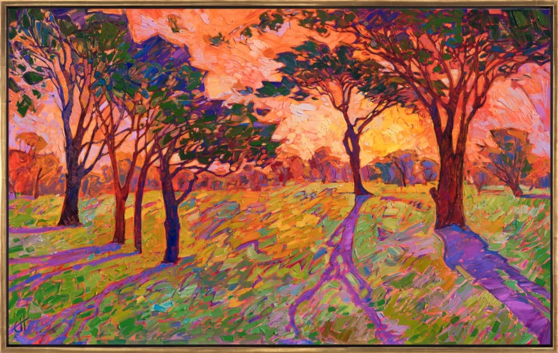Sherbet tones of pink, yellow, and orange blend deliciously across the canvas in this painting of oak trees on a grassy plain. The movement of the brush strokes draws you into the painting so you can get lost in the ethereal world of color.</p><p>This painting was created on 1-1/2" canvas, with the painting continued around the edges. It has been framed in a gold floater frame and arrives ready to hang.