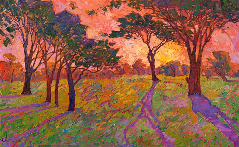 Sherbet tones of pink, yellow, and orange blend deliciously across the canvas in this painting of oak trees on a grassy plain. The movement of the brush strokes draws you into the painting so you can get lost in the ethereal world of color.</p><p>This painting was created on 1-1/2" canvas, with the painting continued around the edges. It has been framed in a gold floater frame and arrives ready to hang.