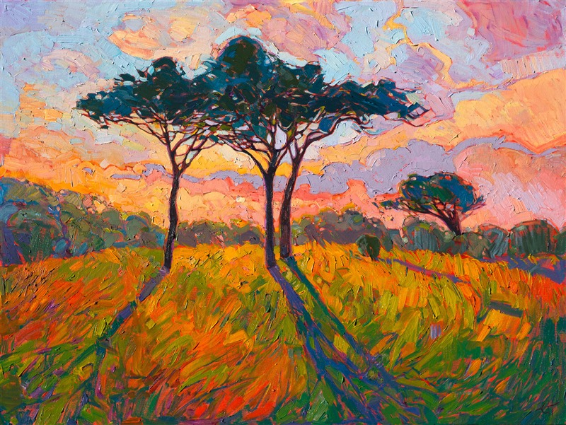 Vivid impressionistic color bursts from the canvas in a celebration of life!  The brush strokes are free and loose, conveying a sense of movement and spontaneity in the painting.  The dramatic shadowing draws you into the landscape, while the mosaic quality of the light captures the imagination.</p><p>This painting was created on gallery-depth canvas, with the painting continued around the edges. This painting may be hung without being framed, as the sides are painted as a continuation of the piece.</p><p>Collection of The Allegretto Vineyard Resort, Paso Robles, CA. 2015.