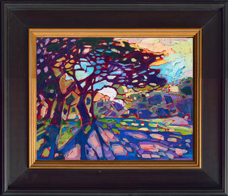 This petite oil painting depicts the lush green springtime found in Texas hill country. I have been going to hill country every spring for years, and I am always inspired by the vibrant greens and abundant wildflowers.</p><p>"Crystal Trees" is an original oil painting on linen board, framed in a black and gold plein air frame.