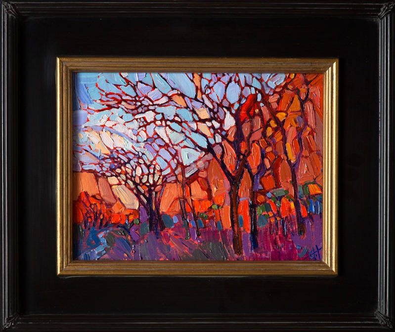 A mosaic of light dances across the canvas, in this oil painting of Zion National Park. This petite painting captures the wide expanse of this landscape with a kaleidoscope of color, in a few thickly applied brush strokes.</p><p>This painting was created on 3/4"-deep canvas. It has been framed in a beautiful classic frame and arrives wired and ready to hang.
