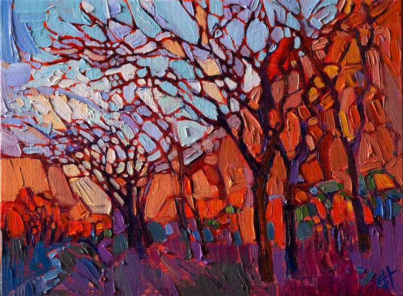 A mosaic of light dances across the canvas, in this oil painting of Zion National Park. This petite painting captures the wide expanse of this landscape with a kaleidoscope of color, in a few thickly applied brush strokes.

This painting was created on 3/4"-deep canvas. It has been framed in a beautiful classic frame and arrives wired and ready to hang.