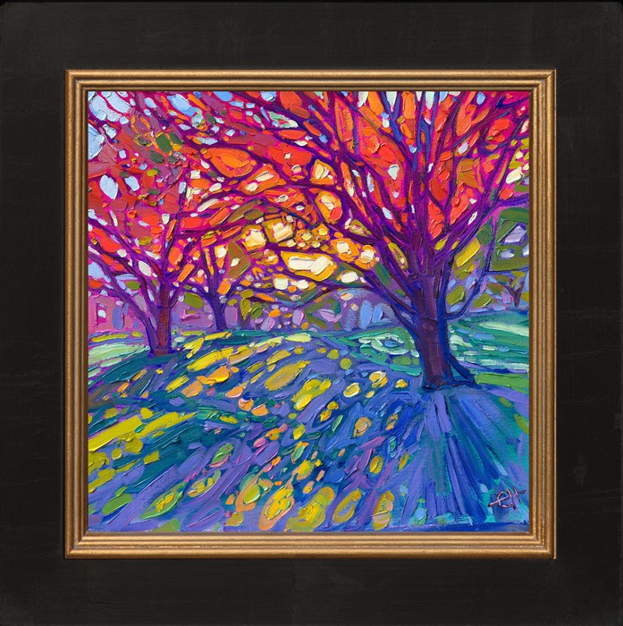 Crystal light filters through the branches of a grove of maple trees, creating rainbow-hued refracted light across the landscape. The brush strokes are thick and impressionistic, creating a mosaic of color and texture across the canvas.</p><p>"Crystalline Maples" is an original oil painting on linen board. The piece arrives framed in a plein air frame, ready to hang.