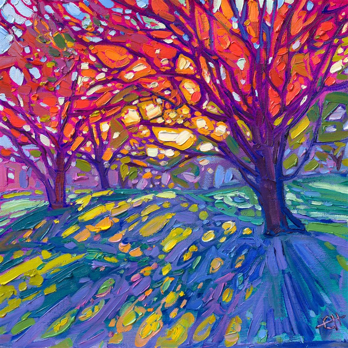Crystal light filters through the branches of a grove of maple trees, creating rainbow-hued refracted light across the landscape. The brush strokes are thick and impressionistic, creating a mosaic of color and texture across the canvas.</p><p>"Crystalline Maples" is an original oil painting on linen board. The piece arrives framed in a plein air frame, ready to hang.