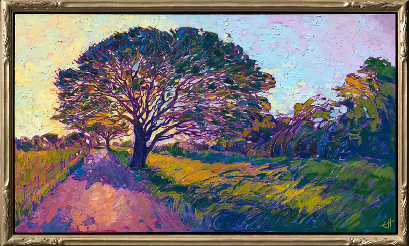 Long afternoon shadows stretch across the soft grasses of this rural landscape.  The atmosphere is warm and peaceful, vibrating with light and color.  The brush strokes are loose and impressionstic, creating a mosaic of texture across the canvas.</p><p>This work was done on 1-1/2" canvas, with the painting continued around the edges.  It has been framed in a carved gold floating frame, and it will arrive ready to hang.