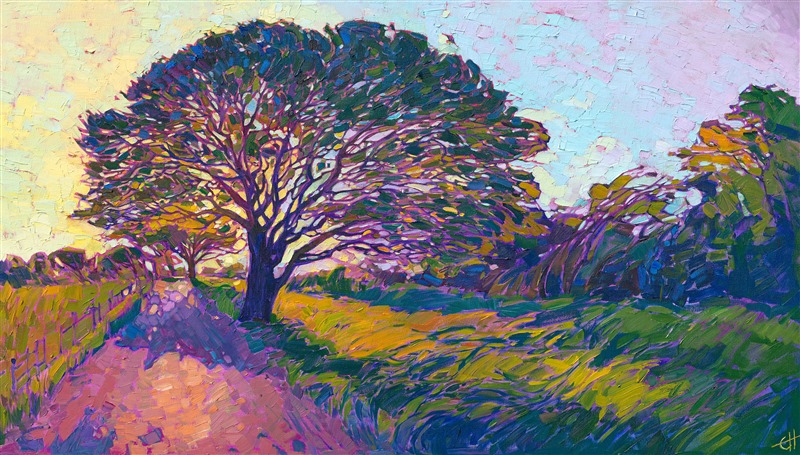 Long afternoon shadows stretch across the soft grasses of this rural landscape.  The atmosphere is warm and peaceful, vibrating with light and color.  The brush strokes are loose and impressionstic, creating a mosaic of texture across the canvas.</p><p>This work was done on 1-1/2" canvas, with the painting continued around the edges.  It has been framed in a carved gold floating frame, and it will arrive ready to hang.