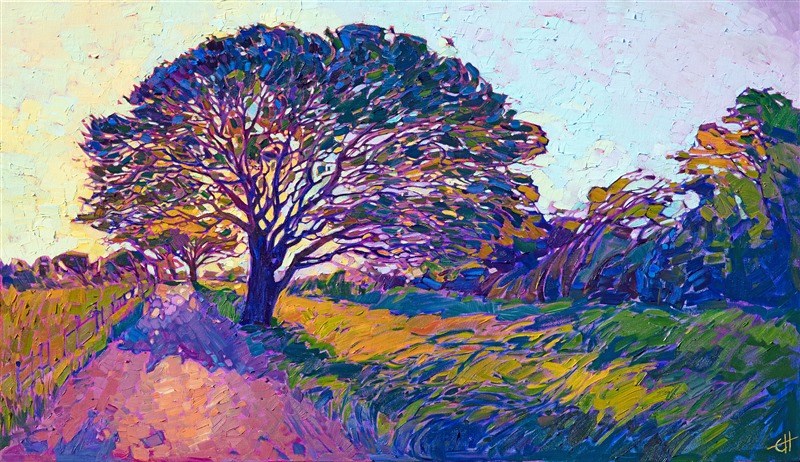Long afternoon shadows stretch across the soft grasses of this rural landscape.  The atmosphere is warm and peaceful, vibrating with light and color.  The brush strokes are loose and impressionstic, creating a mosaic of texture across the canvas.

This work was done on 1-1/2" canvas, with the painting continued around the edges.  It has been framed in a carved gold floating frame, and it will arrive ready to hang.