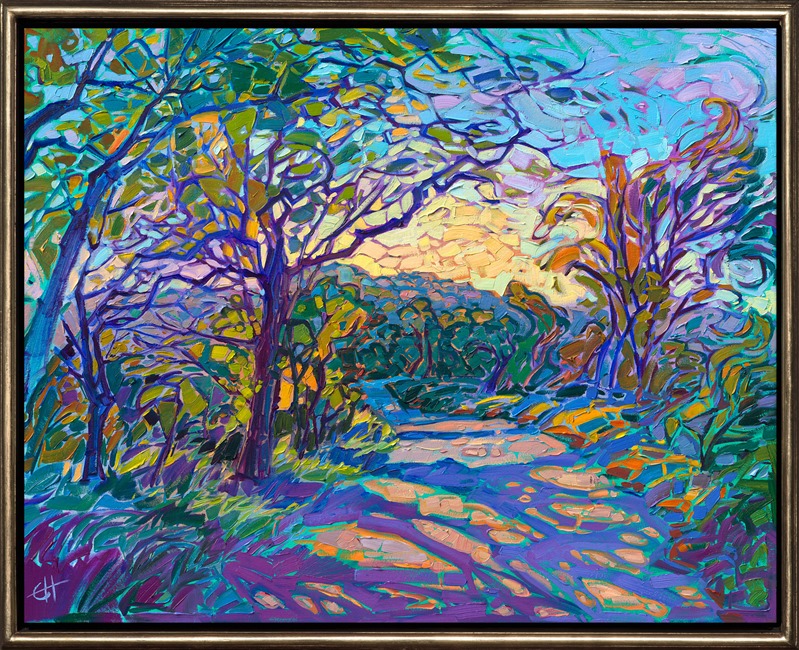 A winding country road in Texas Hill Country is shadowed by willowy oak trees casting delicate patterns across the path. The prismatic light is fractured through the tree boughs like a mosaic or stained glass. The thickly applied brush strokes of oil paint add texture and movement to the piece.</p><p>"Crystalline Oaks" was created on gallery-depth canvas, and the painting arrives framed in a closed-corner, gilded floater frame.