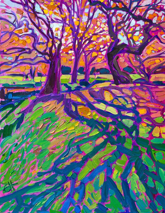 Long shadows of late afternoon cut zig-zag patterns across the green October grass of Julian Price Memorial Park in the Blue Ridge Mountains. The short, impasto brush strokes create a sense of movement throughout the painting.</p><p>"Crystalline Shadows" is an original oil painting on linen board. The piece arrives framed in a black and gold "mock floater" frame, ready to hang.</p><p>This piece will be displayed in Erin Hanson's annual <i><a href="https://www.erinhanson.com/Event/petiteshow2023">Petite Show</i></a> in McMinnville, Oregon. This painting is available for purchase now, and the piece will ship after the show on November 11, 2023.