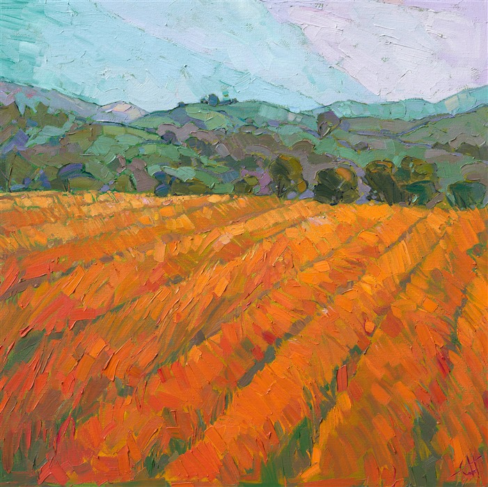 Saturated color seeps from the landscape in this early morning painting of wine country.  This rural painting captures the color and vibrancy of this delectable landscape.</p><p>This painting was created on a gallery-depth canvas with the painting continued around the edges. The painting will arrive in a beautiful gold floater frame, ready to hang. The second photograph above shows how the piece looks hanging in gallery spot lighting.</p><p>Exhibited: "Impressions in Oil", Studios on the Park. Paso Robles, CA. 2015