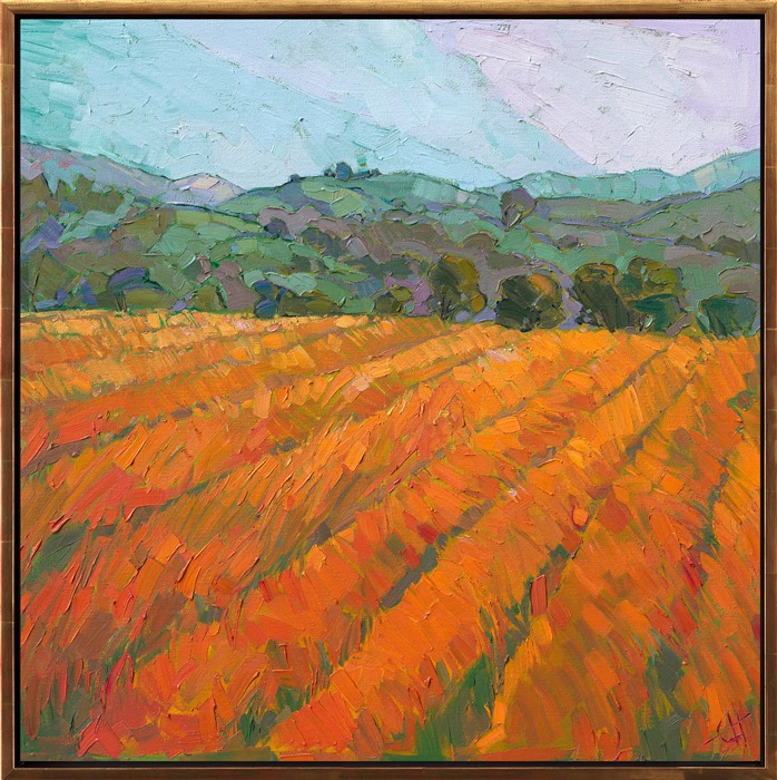 Saturated color seeps from the landscape in this early morning painting of wine country.  This rural painting captures the color and vibrancy of this delectable landscape.</p><p>This painting was created on a gallery-depth canvas with the painting continued around the edges. The painting will arrive in a beautiful gold floater frame, ready to hang. The second photograph above shows how the piece looks hanging in gallery spot lighting.</p><p>Exhibited: "Impressions in Oil", Studios on the Park. Paso Robles, CA. 2015