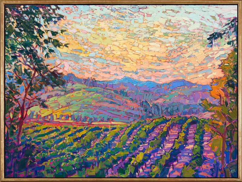 Oregon's Willamette Valley is filled with colorful, cultivated fields rolling up and down the hilly landscape. This painting captures the beauty of the northwest with bold, textured brush strokes and lively hues of apple green, butter yellow, and salmon pink.</p><p>"Cultivated Hills" is an original oil painting created on stretched canvas. The piece arrives framed in a gold floater frame, ready to hang.