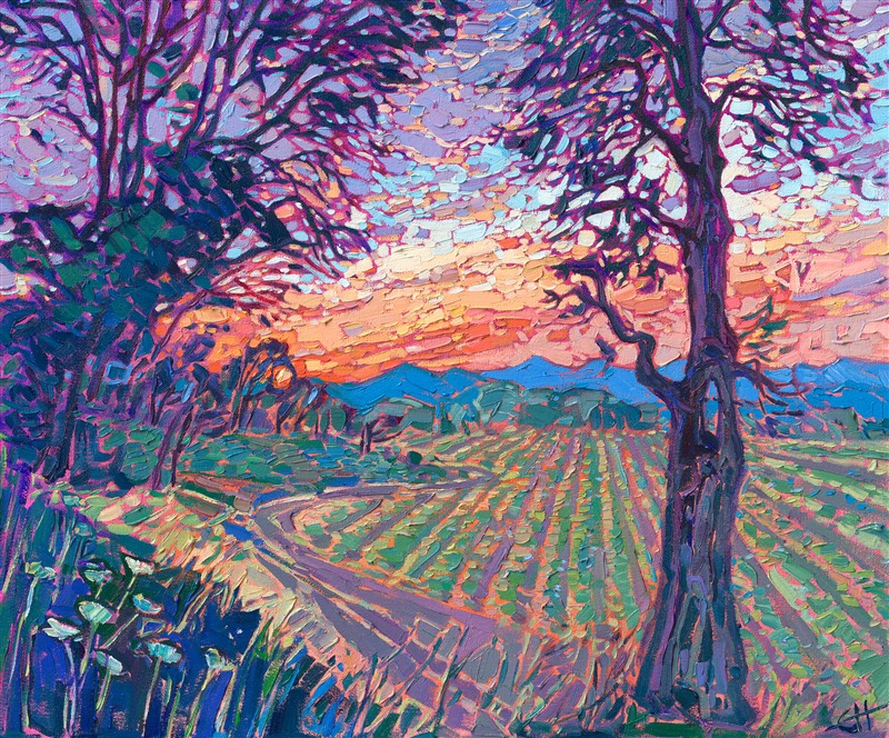 The Willamette Valley wine country is beautiful and colorful, full of winding roads, rolling hills, oaks and pine trees,  and of course lots of vineyards. This painting captures a scene I drive past every day on my way home from my studio.</p><p>"Cultivated Light" is an original oil painting on stretched canvas. The piece arrives framed in a 23kt gold floater frame, ready to hang.</p><p><b>Please note:</b> This painting will be hanging in a museum exhibition until November 5th, 2023. This piece is included in the show <i><a href="https://www.erinhanson.com/Event/ErinHansonatBoneCreekMuseum">Erin Hanson: Color on the Vine</i></a> at the Bone Creek Museum of Agrarian Art in Nebraska. You may purchase the painting now, but you will not receive the painting until after the show ends in November 2023.