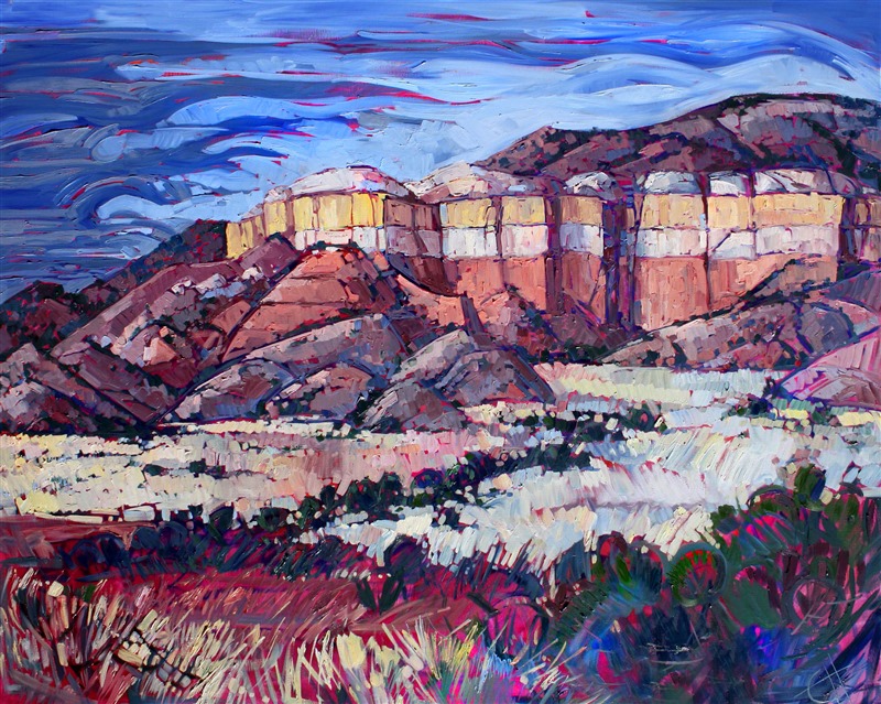 Abstract shapes in the sandstone cliffs near Ghost Ranch, New Mexico, captured in bold brush strokes.