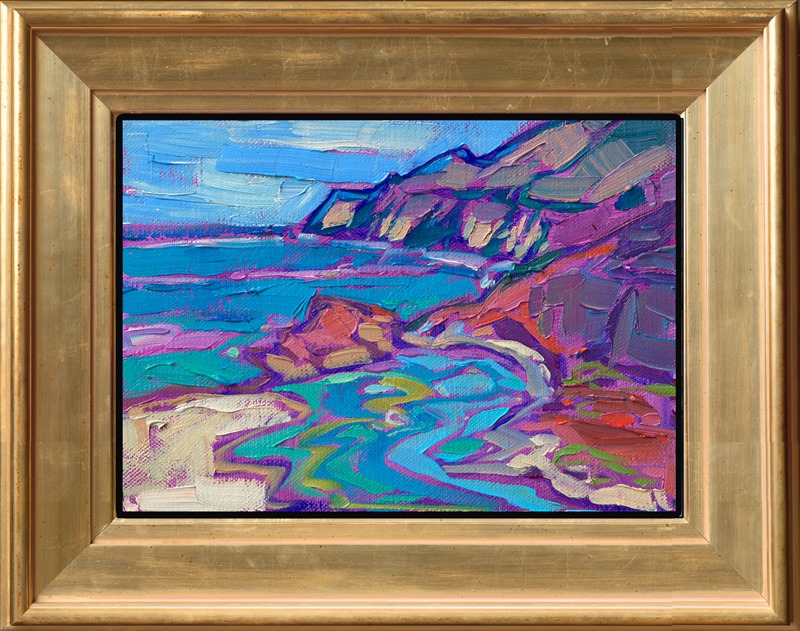 Curving lines of turquoise meet the steep cliffs of California's coastline near Big Sur. Each brushstroke in this petite painting adds to the rhythm and movement of the piece, the saturated colors fitting together like the facets of a jewel.</p><p>"Curving Waters" is an original oil painting on linen board. The piece arrives framed in a wide, burnished gold frame, ready to hang.