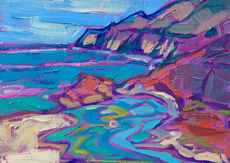 Curving lines of turquoise meet the steep cliffs of California's coastline near Big Sur. Each brushstroke in this petite painting adds to the rhythm and movement of the piece, the saturated colors fitting together like the facets of a jewel.</p><p>"Curving Waters" is an original oil painting on linen board. The piece arrives framed in a wide, burnished gold frame, ready to hang.