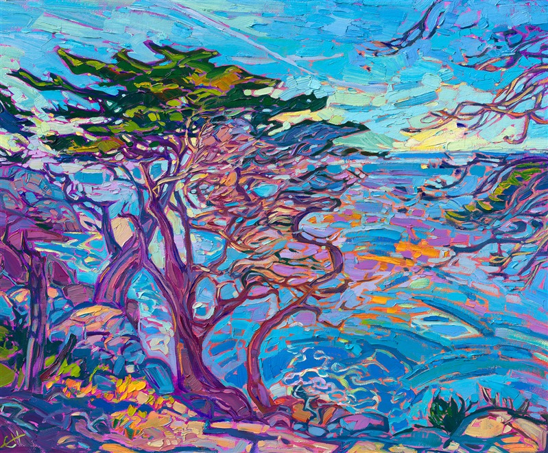 "Cypress Blue" is an impressionist oil painting of the iconic Monterey cypress trees that grow near Carmel-by-the-Sea. Thick brushstrokes mimic the swirling, moving waters below, peeking out between the abstract branches of the cypress trees. This petite work arrives framed in a custom-made, wide gold frame.</p><p>This painting will be displayed at Erin Hanson's annual <a href="https://www.erinhanson.com/Event/ErinHansonSmallWorks2022" target=_"blank"><i>Petite Show</a></i> on November 19th, 2022, at The Erin Hanson Gallery in McMinnville, OR.