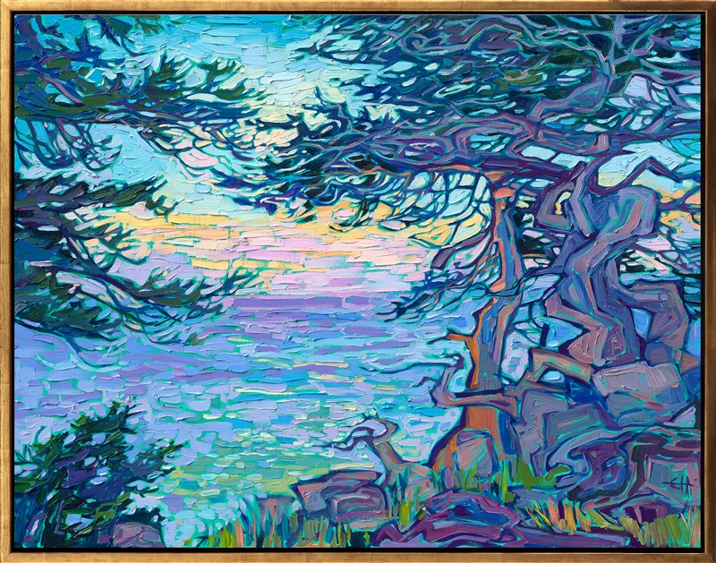 Monterey cypress trees grow along the rocky coastline of Pebble Beach's famous 17 Mile Drive. The ancient, gnarled branches of the cypress stand out starkly against the sunset-reflecting ocean beyond.</p><p>"Cypress Blues" was created on gallery-depth stretched linen, and the painting arrives framed in a contemporary gold floater frame.