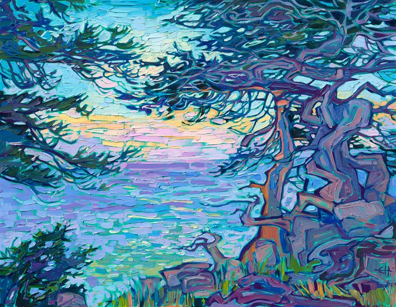Monterey cypress trees grow along the rocky coastline of Pebble Beach's famous 17 Mile Drive. The ancient, gnarled branches of the cypress stand out starkly against the sunset-reflecting ocean beyond.</p><p>"Cypress Blues" was created on gallery-depth stretched linen, and the painting arrives framed in a contemporary gold floater frame.