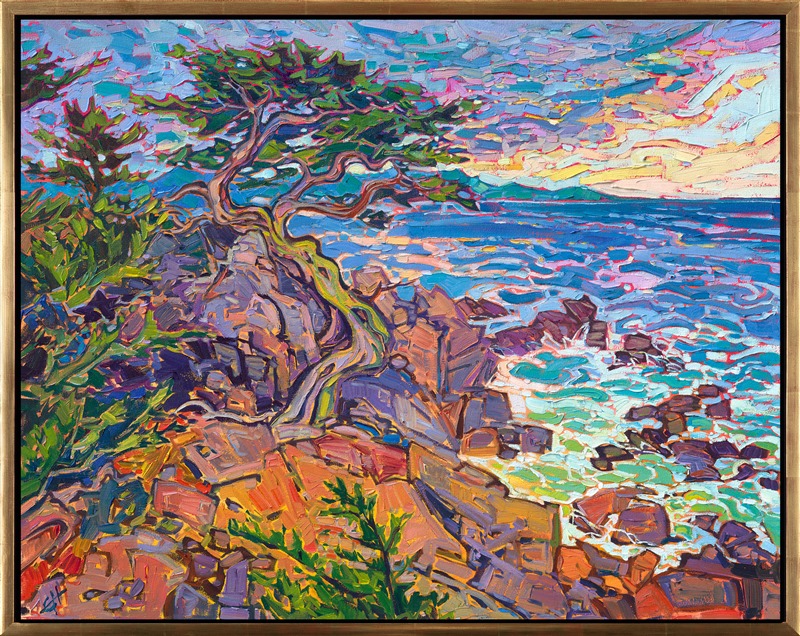 Iconic Monterey cypress trees lines the rocky banks of Carmel and Pebble Beach in California. This impressionist painting captures the beautiful colors of the coastal waters and rugged coastline. Each brush stroke is thickly applied, without layering, creating a mosaic of texture and color across the canvas.</p><p>"Cypress Cliff" is an original oil painting on stretched canvas. The piece arrives framed in a custom-made, gold floater frame, ready to hang.