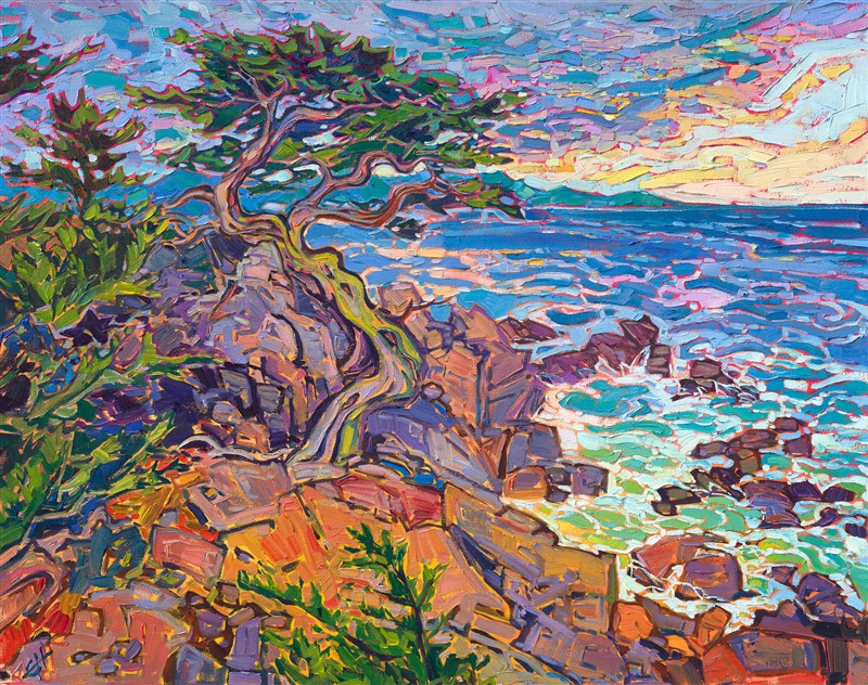 Iconic Monterey cypress trees lines the rocky banks of Carmel and Pebble Beach in California. This impressionist painting captures the beautiful colors of the coastal waters and rugged coastline. Each brush stroke is thickly applied, without layering, creating a mosaic of texture and color across the canvas.

"Cypress Cliff" is an original oil painting on stretched canvas. The piece arrives framed in a custom-made, gold floater frame, ready to hang.
