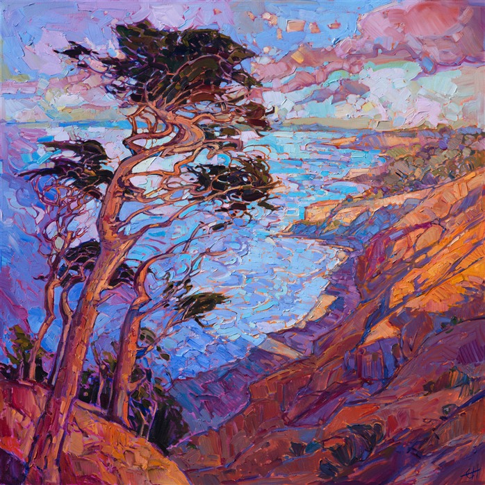 Sherbet-hued morning light casts a rainbow of color across this California coastline.  The winding cypress trees stand tall against the coastal winds.  Each brush stroke is applied with a bold, painterly motion, capturing the life and essence of the outdoors.  This is a beautiful example of Hanson's Open Impressionist style.

This painting was created on 1-1/2"-deep canvas, with the painting continued around the sides of the painting.  The piece will arrive framed in a gold floater frame, allowing you to see the full edges of the canvas.