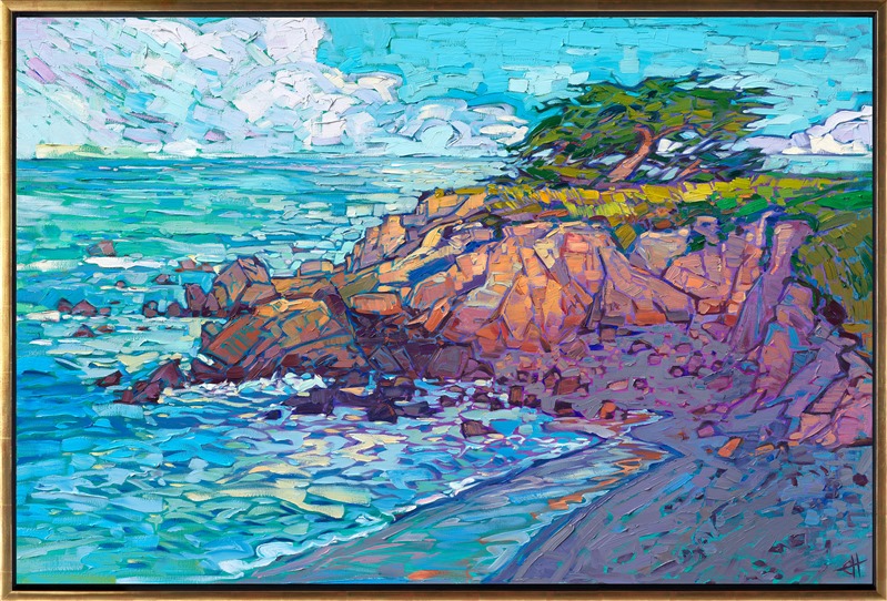 The soft light of dawn illuminates the coastline of Monterey's peninsula. The purple and orange rocks glow with color as the cool shadows of pre-dawn melt away. Thick brush strokes capture the fleeting impression of light.</p><p>"Cypress Coast" was created on 1-1/2" stretched linen. The oil painting arrives framed in a contemporary gold floater frame.