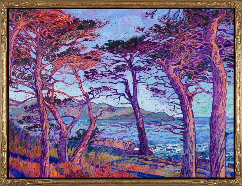 The twisted branches of the Monterey cypress tree catch the early morning light near Carmel, California. The thick, impressionist brush strokes convey motion and light between the trees. Each stroke is placed wet-on-wet, without layering, to create a sense of immediacy and freshness.</p><p>"Cypress Color" was created on 1-1/2" canvas, with the painting continued around the edges of the piece. The work arrives framed in a hand-carved and Open Impressionist frame, gilded in 23kt gold leaf.