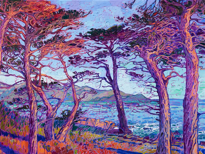 The twisted branches of the Monterey cypress tree catch the early morning light near Carmel, California. The thick, impressionist brush strokes convey motion and light between the trees. Each stroke is placed wet-on-wet, without layering, to create a sense of immediacy and freshness.</p><p>"Cypress Color" was created on 1-1/2" canvas, with the painting continued around the edges of the piece. The work arrives framed in a hand-carved and Open Impressionist frame, gilded in 23kt gold leaf.
