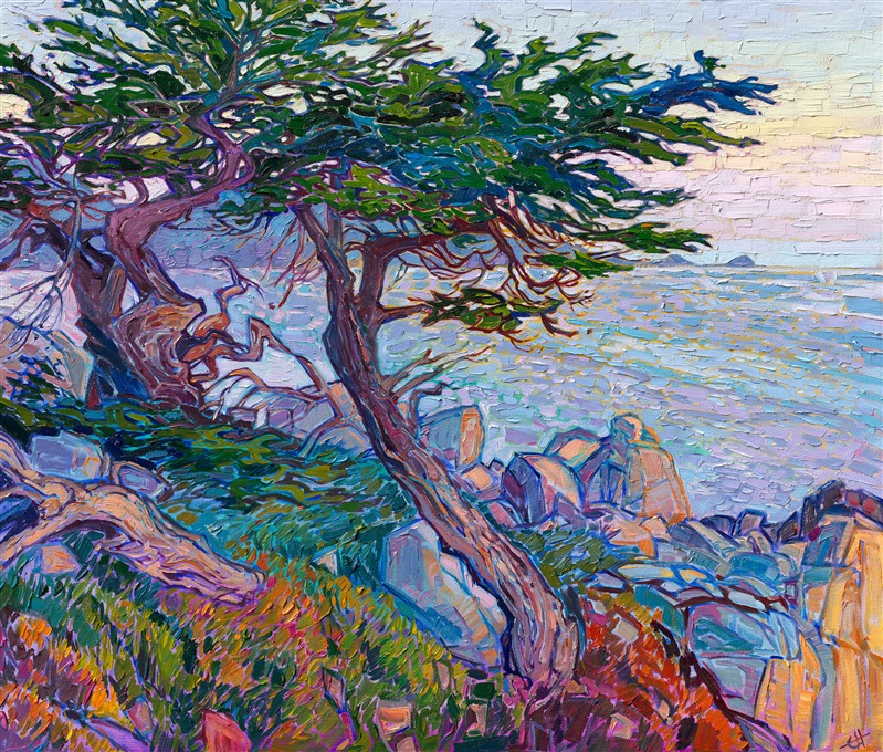 The last light of day turns the rocky coastline of Pebble Beach into a milky array of pastel hues. A pair of cypress trees with weathered branches stand against the coastal winds, spreading their shaggy arms into the dusky sky. The impressionistic brush strokes are loose and expressive, capturing the moment with bold color and impasto texture.</p><p>"Cypress Dusk" was created on 1-1/2" canvas, with the painting continued around the edges. The piece arrives framed in a contemporary gold floater frame finished in 23kt gold leaf.